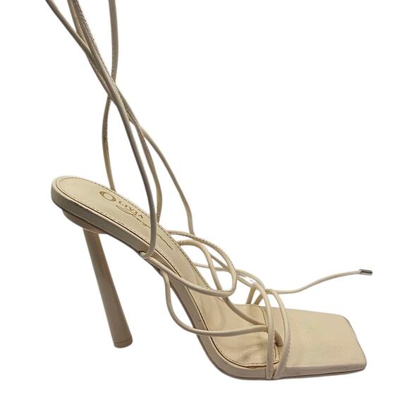 Olivia Jaymes Cream White Square Toe Lace Up Strap Cottagecore Sandal Heels - Picture 7 of 9